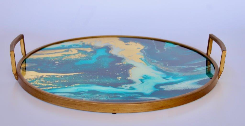 Round Blue Marbled Tray With Metal Handles